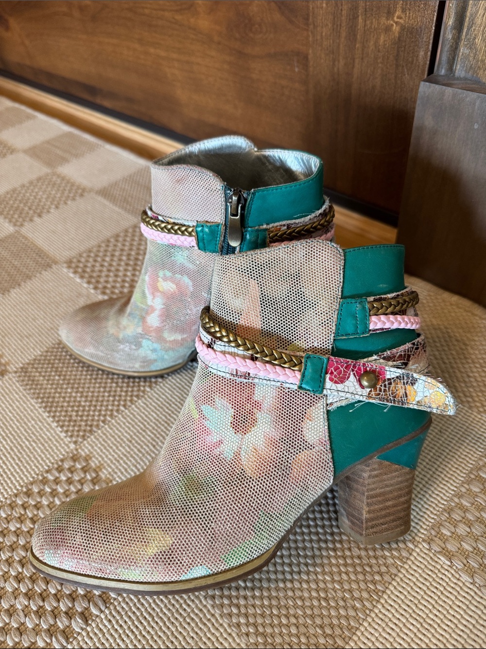 L’Artiste Gaviva Teal and Floral Leather Ankle Boots